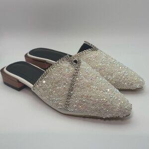 MingLicheng Beaded Rhinestone Mules Slides Women Size 37 White Ivory Pointed Toe